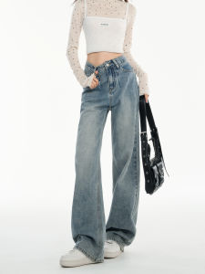 High Waist Wide Leg Denim Jeans Womens Versatile Design Spring 2025 Pleated Slimming Straight Cut Floor-Length Trendy Pants