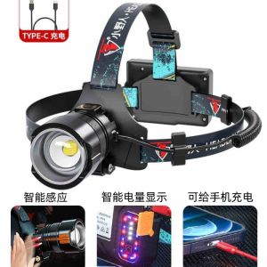 ไฟส่องสว่างแบบหัวที่ชาร์จไฟได้ สำหรับการตกปลาและเดินป่า ลำแสงขาว แรงบิด 180 องศา พร้อมเซนเซอร์แบบอัตโนมัติ