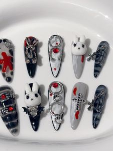 Dark Style Cool Girl 3D Rabbit Nail Studs Millennium Sharp Design Detachable Wearable Nail Art Pieces for Girls
