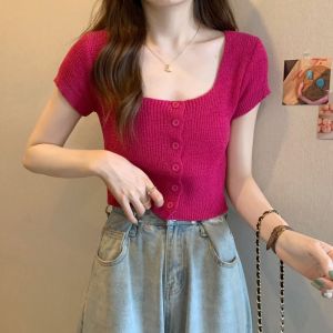 SIS Women T-shirt Square Neck Short Sleeve Knit Sweater Sweet Hot Short Slim Fit All-match Top
