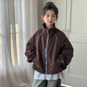 MPW | Girls Jacket Waist-Cinching Stand Collar Spring/Autumn Fashionable Korean Style Coffee Color Top For Medium And Large Children