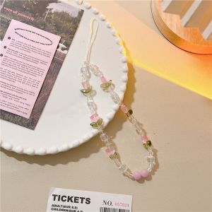 Korean INS Style 🔥Hot New🔥Spring Flower Pink Tulip🌷🌷 Mobile Phone Case Chain Anti-Lost Soft Pottery Lanyard Pearl Acrylic Bead Colorful Portable Wrist Strap Rope Pendant y2k bracelets