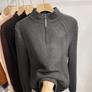 Womens Thickened High Collar Zipper Double Sided Velvet T-Shirt Autumn Winter Base Shirt Top Versatile Half Zipper Design