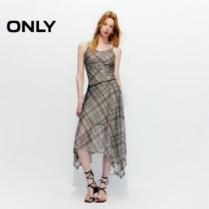 ONLY | Irregular Check Pattern Adjustable Straps Summer Waist Cinch Dress