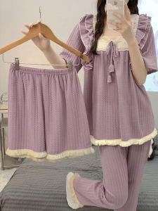 Online Red Pajamas Womens Summer Cute Short Sleeve Pants Pure Cotton Three-Piece Suit Spring and Autumn Sweet Princess Style Homewear