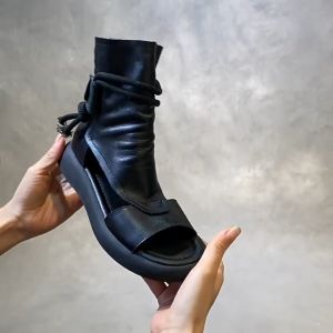 Martini Elegant Leather Gladiator Black Sandal Boots for Women 2 inches high