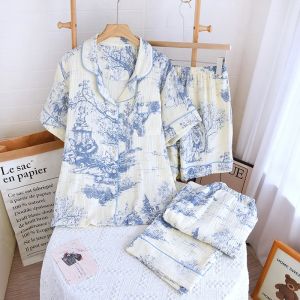 2026 New Spring/Summer Womens Pajama Set 100% Cotton Crepe Three Piece Set Short Sleeve+Shorts+Pants Thin Home Clothing