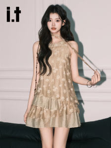 Chocolate Kaki Color Floral A-Line Neck Hanging Dress Womens Vacation Sleeveless Cake Short Skirt Loose Waist Summer Dress