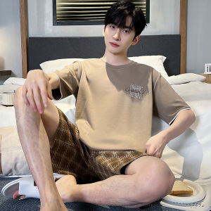 Mens Summer Cotton Pajamas Short Sleeve Shorts Thin Casual Home Clothes Set Large Size Youth Print round Neck Sleepwear