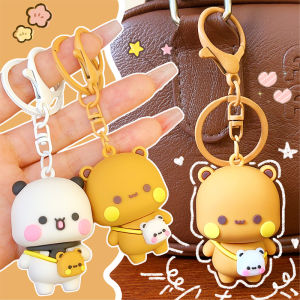 2PCS Cute Panda Bubu and Yier Doll Keychain Cartoon Bear Anime Dolls Pendant Resin Backpack Hanging Decor Charm Car Keyring Couple Gifts