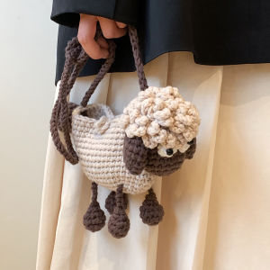 Hand Knitted Cartoon Sheep Wool Bag Fashionable Crossbody Shoulder Bag for Women Soft Cotton Lining Korean Style Medium Size