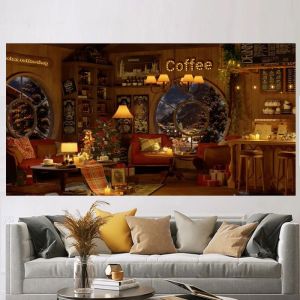 VIKAMA Wall Tapestry Christmas Coffee Shop Interior Round Window Snowy Tree Cafe Wall Hanging Dorm Room Aesthetic Xmas Wall Art