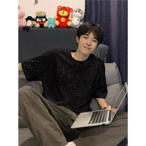 plus Size 300 Pounds Youth Shoulder Short Sleeve T-Shirt Men 2025 New Summer Heavyweight Pure Cotton Loose Half Sleeve Top