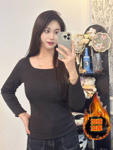 เสื้อยืดแขนยาวผ้าขนแกะหนา คอกลม ทรงสลิมฟิต แฟชั่นฤดูหนาว 2024 เสื้อเชิ้ตผู้หญิง ผ้าฝ้ายโพลีเอสเตอร์ ปกติ