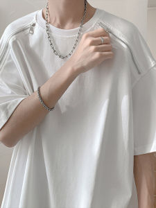 American Style Mens Cotton T-Shirt Summer Thin Casual Short Sleeve Zipper Heavyweight Loose Fit round Neck Top for Youth