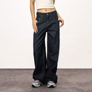 Deep Blue Straight Leg Jeans Loose Casual Pants Men Women CTBCaptainbeer American Style Long Trousers Natural Waist Zipper