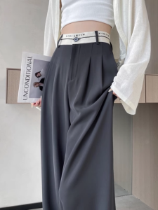 High-Waisted Grey Letter-Embellished Wide-Leg Casual Trousers for Women Summer New Style Tailored Comfortable Business Casual Pants