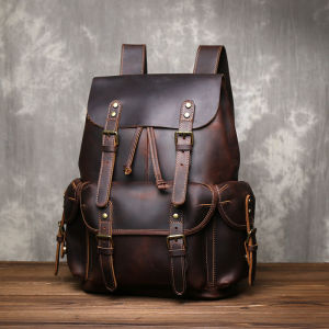 Retro Mad Horse Leather Double Shoulder Bag Mens Casual British Style Top Layer Cowhide Backpack Simple Drawstring Real Leather Laptop Bag