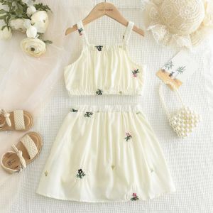Bear Leader 2-6Years Cotton Girls Outfit Embroidered Suspender T-shirt + Short Suit Casual Sleeveless 2 Pieces Sets Kids Flower Clothes