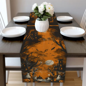 1 Halloween Themed Table Runner Painted Ghost Castle Bat Night Scene Suitable for Parties Restaurants Home Furnishings Markets Holiday Decoration Scenes.