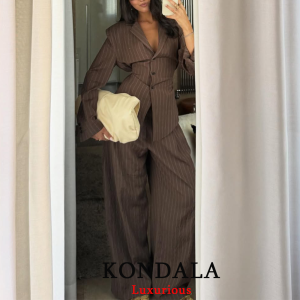 KONDALA Office Lady Chic Brown Suits V Neck Striped Loose Blazer High Waist Wide Leg Pants Fashion 2025 Fall Casual WOmen Suits