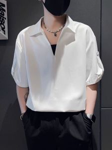 Summer Mens Polo Shirt V-Neck Solid Color Short Sleeve Casual Top Trendy Brand Youthful Loose Fit Iron-Free Processing