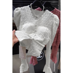 เสื้อเชิ้ตคอวีแขนยาวผ้าลูกไม้บุขนแกะสไตล์ฝรั่งเศสย้อนยุคสำหรับผู้หญิงในฤดูใบไม้ร่วงและฤดูหนาว เสื้อชั้นในแบบมีซิปและเปิดด้านข้าง