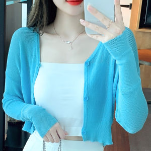 Ultra-Fairy Knitted Sun Protection Shawl Womens Short Thin Outerwear Top Summer Sleeveless Cardigan with Button Detail