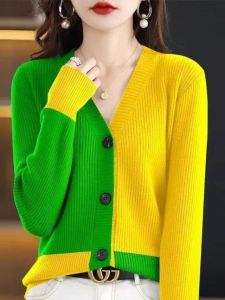 ฤดูใบไม้ผลิ ฤดูใบไม้ร่วง บล็อกสี เชือกรูด เปิด คาร์ดิเกน ถักผู้หญิงแขนยาว พรางหุ่น เสื้อสเวตเตอร์ แจ๊กเก็ต อินเทรนด์ V คอปุ่มขึ้น