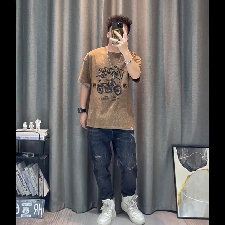 Short-sleeved T-shirt Men 2024 Summer New Mens Cartoon Print Casual Half-sleeved Shirt Top Mens Clothing