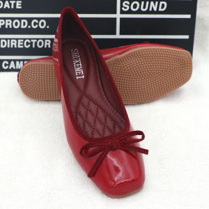 Korean Style Womens Shoes New Arrival Patent Leather Bows Square Toe Flats Casual All-Matching Low-Cut Shoes Female Leisure ShoesRed shoes
