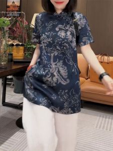 New Chinese Style Printed Shirt Short Sleeve Midi Length Button up Slimming Top for Women Polyester Fiber Summer Fashion