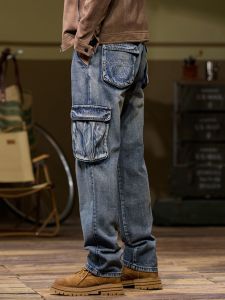 Mens Wide Leg Workwear Jeans Multiple Pockets Loose Fit Thick Outdoor Motorcycle Pants Autumn Winter Heavy Duty Straight Cut