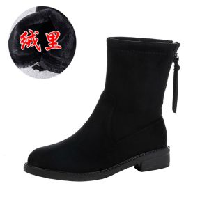 Winter Short Boots Women round Toe Flat Bottom Fleece Lined Snow Boots Fashionable Slim Boot Versatile Mid-Calf Martin Boots