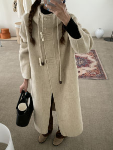 Korean Style Double-Faced Cashmere Coat Womens Thickened Woolen Coat with Hat And Horn Buttons Long Sleeve Straight Cut Coat