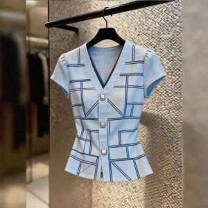 KUNAILIN | Slim Fitting Versatile V-Neck Blue Summer Blouse