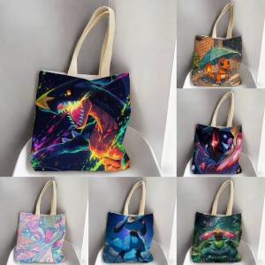 Bandai | Pokemon Reshiram Storage Bags Tote Bag Travel Summer Beach Shoulder Bag Reusable Grocery Shopping Bag Anime Artwork