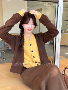 เสื้อคาร์ดิแกนถักผสมขนสัตว์แขนยาวสำหรับสาวๆ ทรงหลวม สไตล์หวานๆ ปกโปโล แฟชั่นผู้หญิง เสื้อคลุมกันหนาว ฤดูใบไม้ผลิและฤดูใบไม้ร่วง