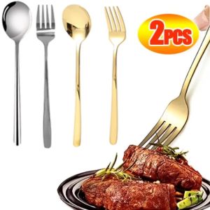 Polocat 2pcs Stainless Steel Fork Spoon Western Korean Dinnerware Gold Silver Portable Solid Color Home Camping Steak Kitchen Utensils