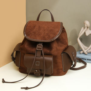 Retro British Style Womens Backpack Large Capacity Travel Bag Drawstring Flip Cover Daily School Bag Waterproof Polyester