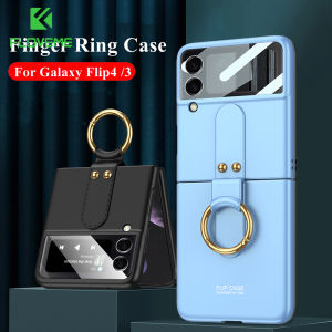 [With Camera Protective Film] FLOVEME With Finger Ring Matte Phone Case For Samsung Galaxy Z Flip 5 Flip 4 Ultra Thin Hard Plastic With Back Camera Tempered Glass Case Key Ring Back Cover For Galaxy Z Flip 5 Flip 4