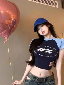 American Retro Short Sleeve T-Shirt Women Summer Slim Fit Belly Design Sweet Cool Spicy Short Top round Neck Letter Pattern