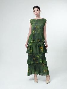 2149C-1 One Size (45-75kg) Summer Women Fairy-like Elegant Long with Floral Print Miyake-style Cake Dress