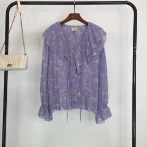 Floral French Style V-neck Shirt Womens Bell Sleeve Stylish Sweet Small Shirt Ruffles Purple Chiffon Shirt Tops Tide
