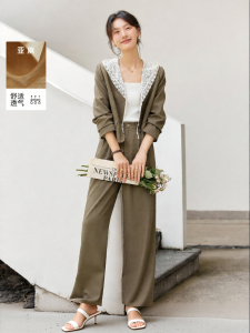 Vimly | Spring New Hooded Lace Greenish-brown Suit