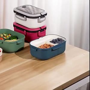 Kotak Makan Anti Tumpah Double Layer 3 Grid 1.2L Blue/Yellow - Kitchenware