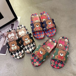 Azgalery SPT-43 / Sandal Selop Datar Wanita Motif Teddy Bear Bahan PVC Kasut Perempuan Kasual Trendy Kekinian Anti Selip Dan Nyaman / COD