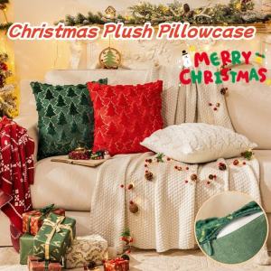 2024 Christmas Cushion Cover Xmas Tree Soft Red Green White Plush Pillowcase 18 x 18 Inches Invisible Zipper