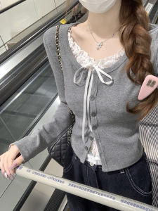 Grey Lace Splice Long Sleeve T-Shirt Base Shirt Womens Autumn Winter Design Sense Fake Two-Piece Top Casual Style Slim Fit