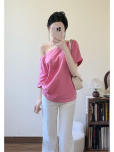 YUEZHONGWEI | French Style Off Shoulder Pink Short Sleeve T-Shirt Women Summer Unique Beautiful Loose Slimming Top Korean Version Casual Wear